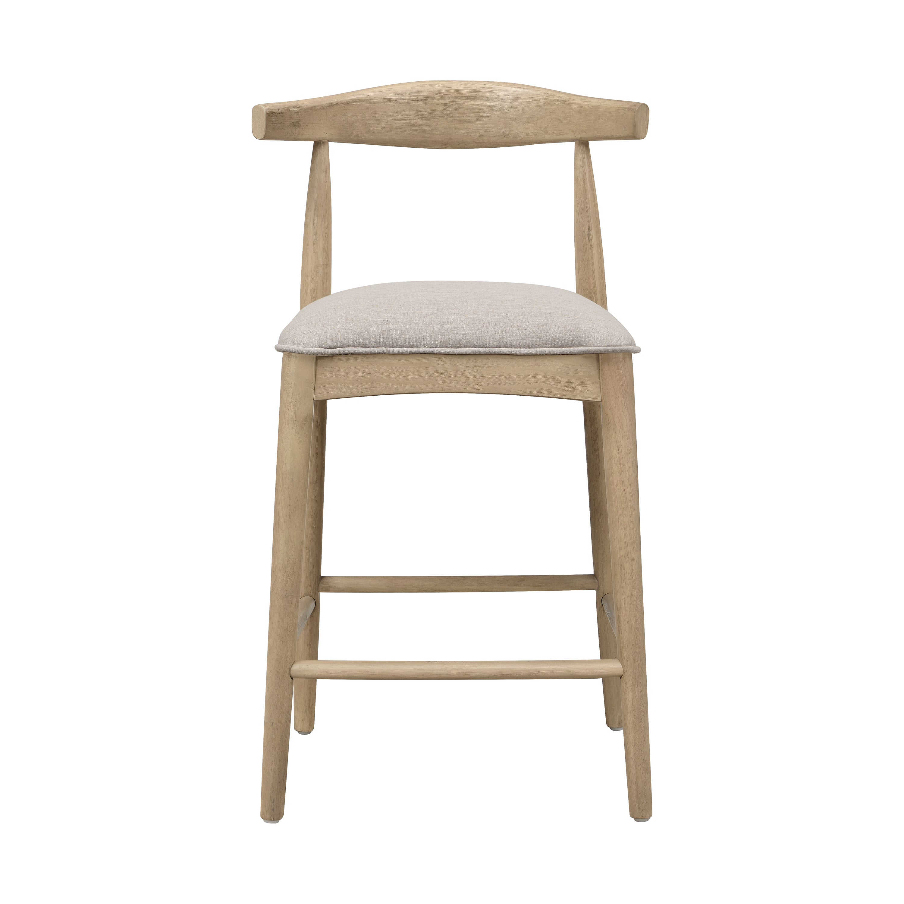 Front view of modern counter stool in pebble fabric with natural rubberwood frame, showcasing minimalist design and cushioned seat.