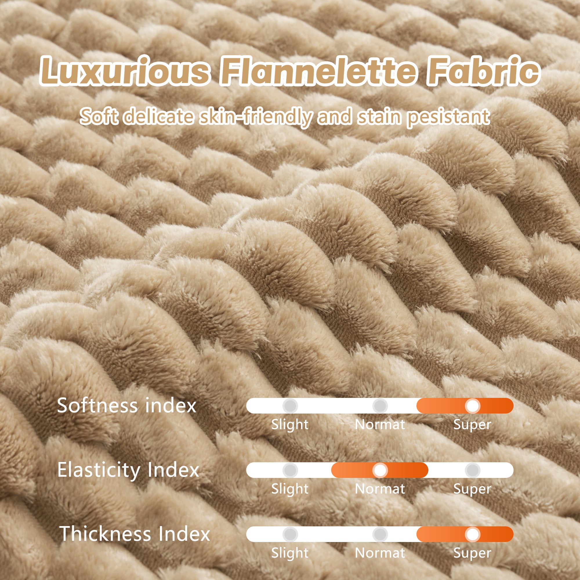 Luxurious flannelette fabric texture chart for modular U-shaped sofa, highlighting softness, elasticity, and thickness ratings.