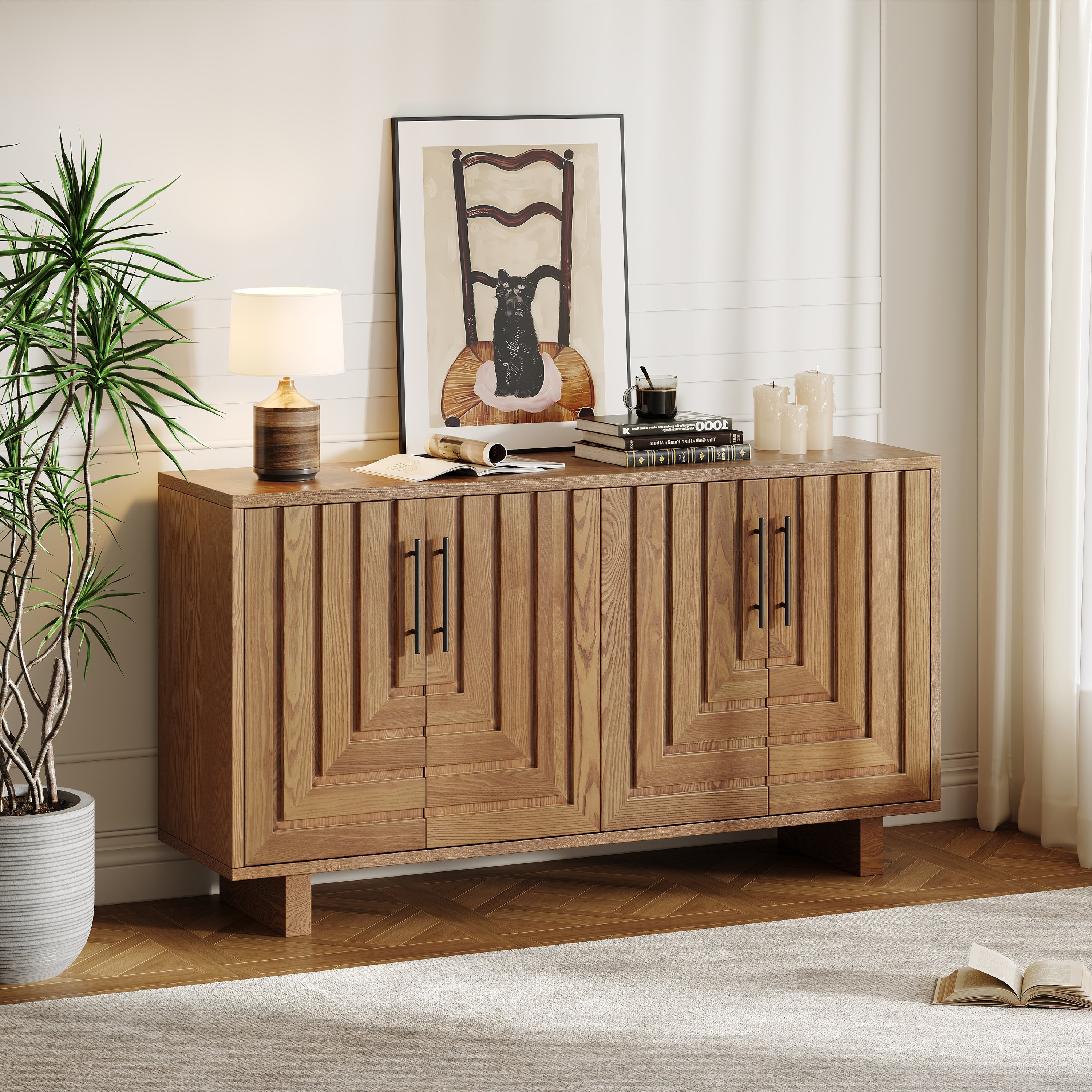 Modern sideboard cabinet with natural finish featuring geometric wood grain doors, metal handles, and spacious storage for dining or living rooms.