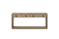 English knotty oak console table with two drawers, rounded edges, lower shelf, and dark circular metal pulls.