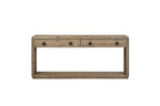 English knotty oak console table with two drawers, rounded edges, lower shelf, and dark circular metal pulls.