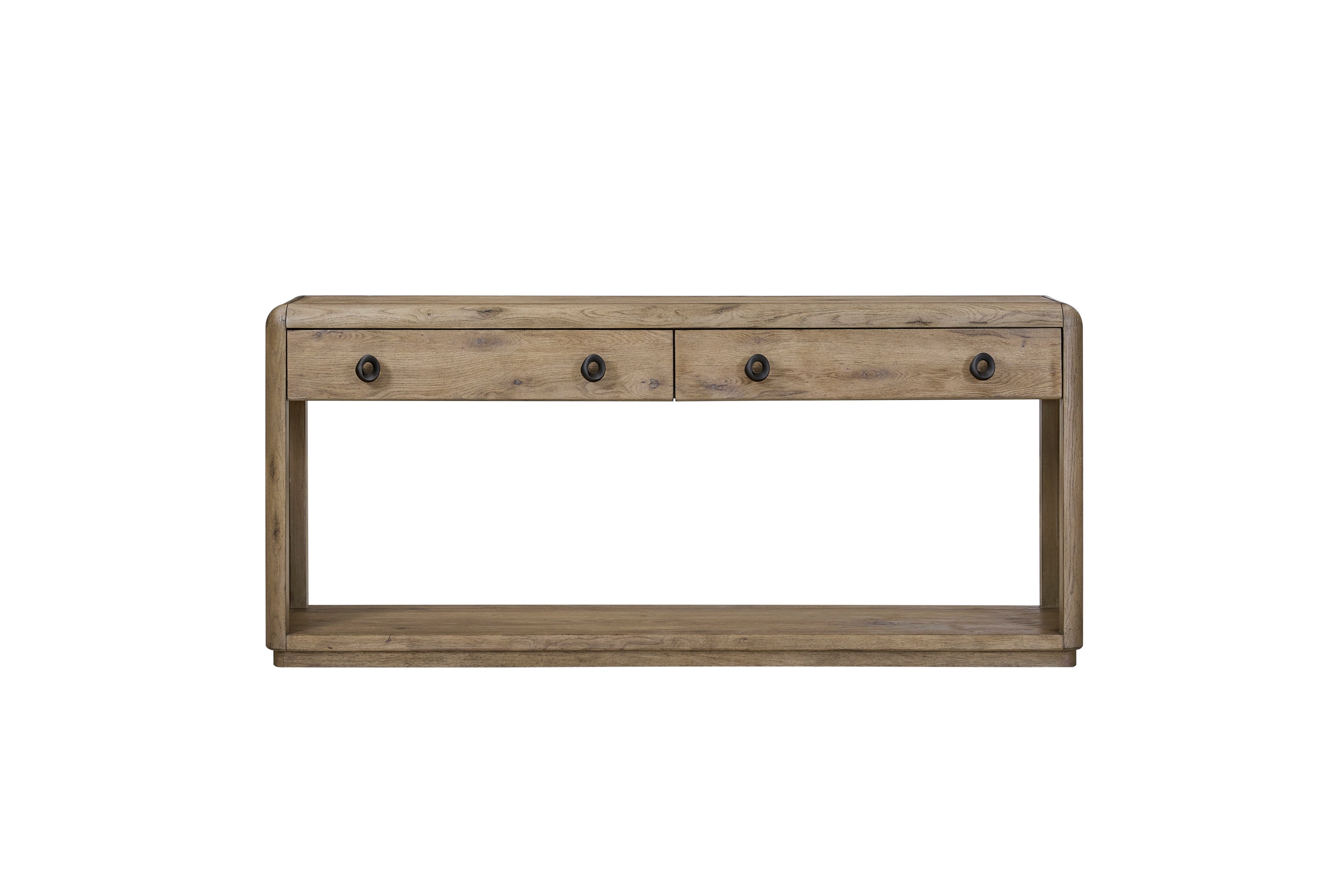 English knotty oak console table with two drawers, rounded edges, lower shelf, and dark circular metal pulls.