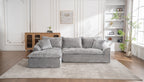 Large, gray L-shaped modular cloud sectional sofa with plush, soft-textured upholstery in a bright, modern living room.