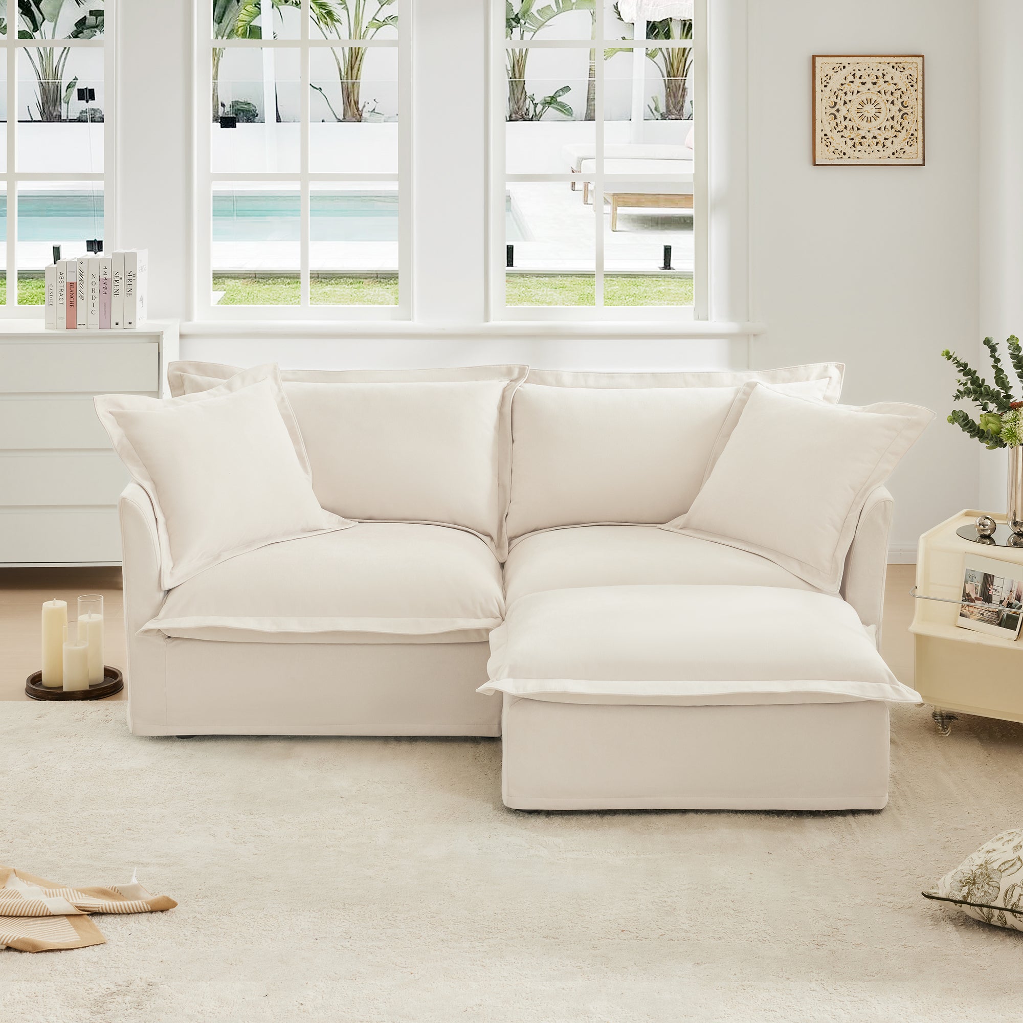 Cream Chenille 2-Seater Sectional Sofa with Convertible Ottoman