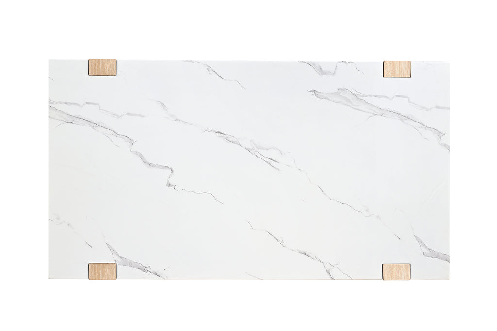 Top view of modern coffee table showcasing white faux marble surface with gray veining and corner wood accents.