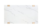 Top view of modern coffee table showcasing white faux marble surface with gray veining and corner wood accents.