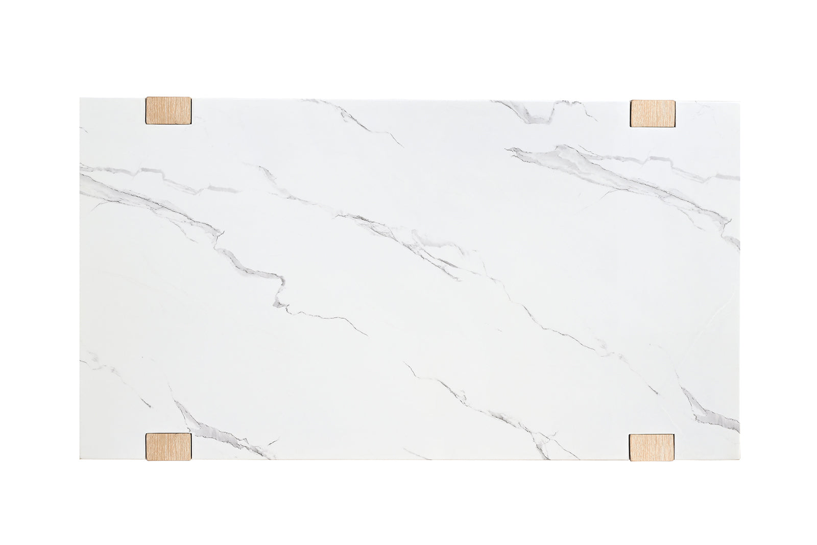 Top view of modern coffee table showcasing white faux marble surface with gray veining and corner wood accents.