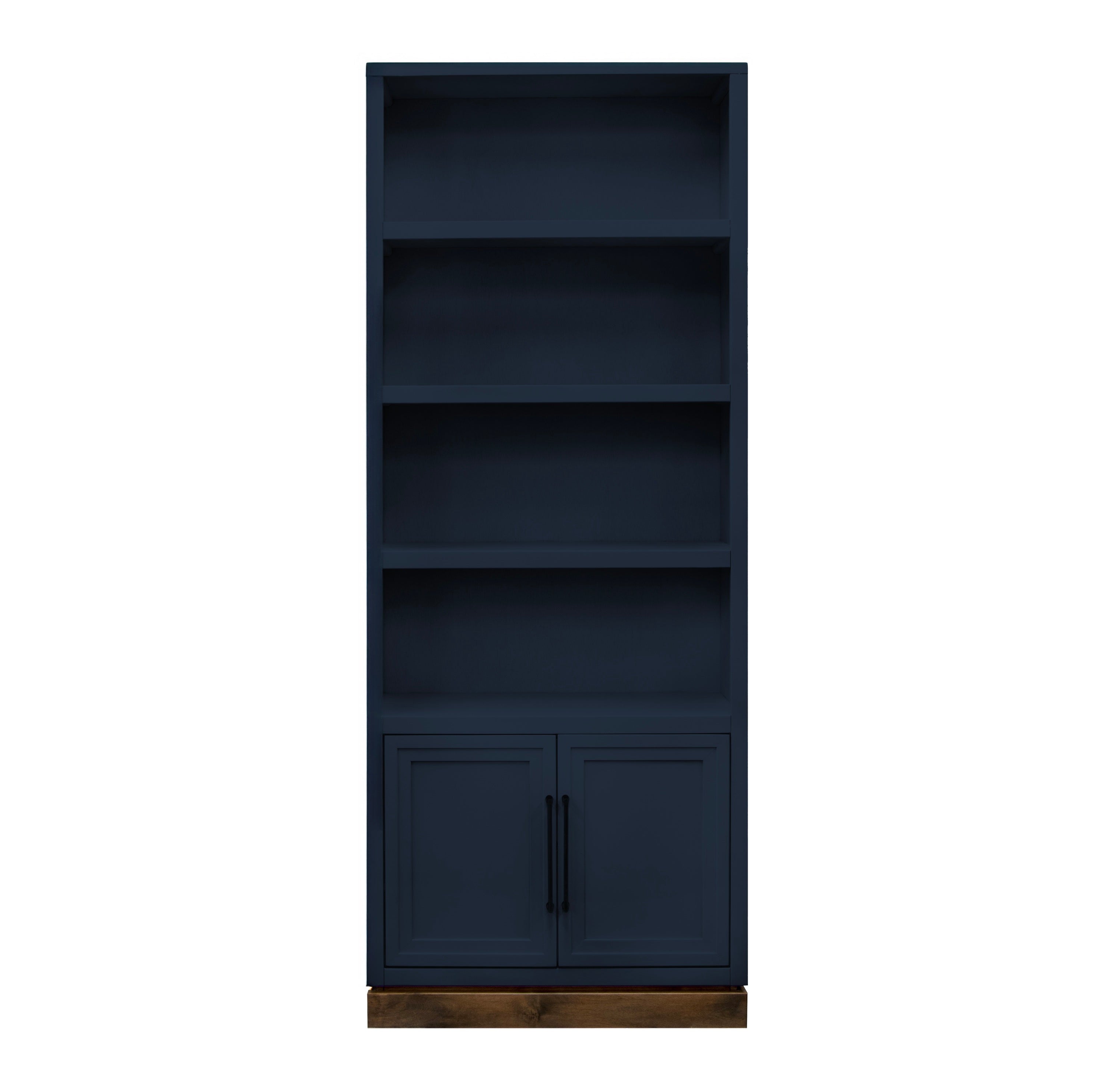 Front view of the Nora 82 Inch Bookcase featuring four open shelves and two cabinet doors in blue denim with a whiskey wood base.