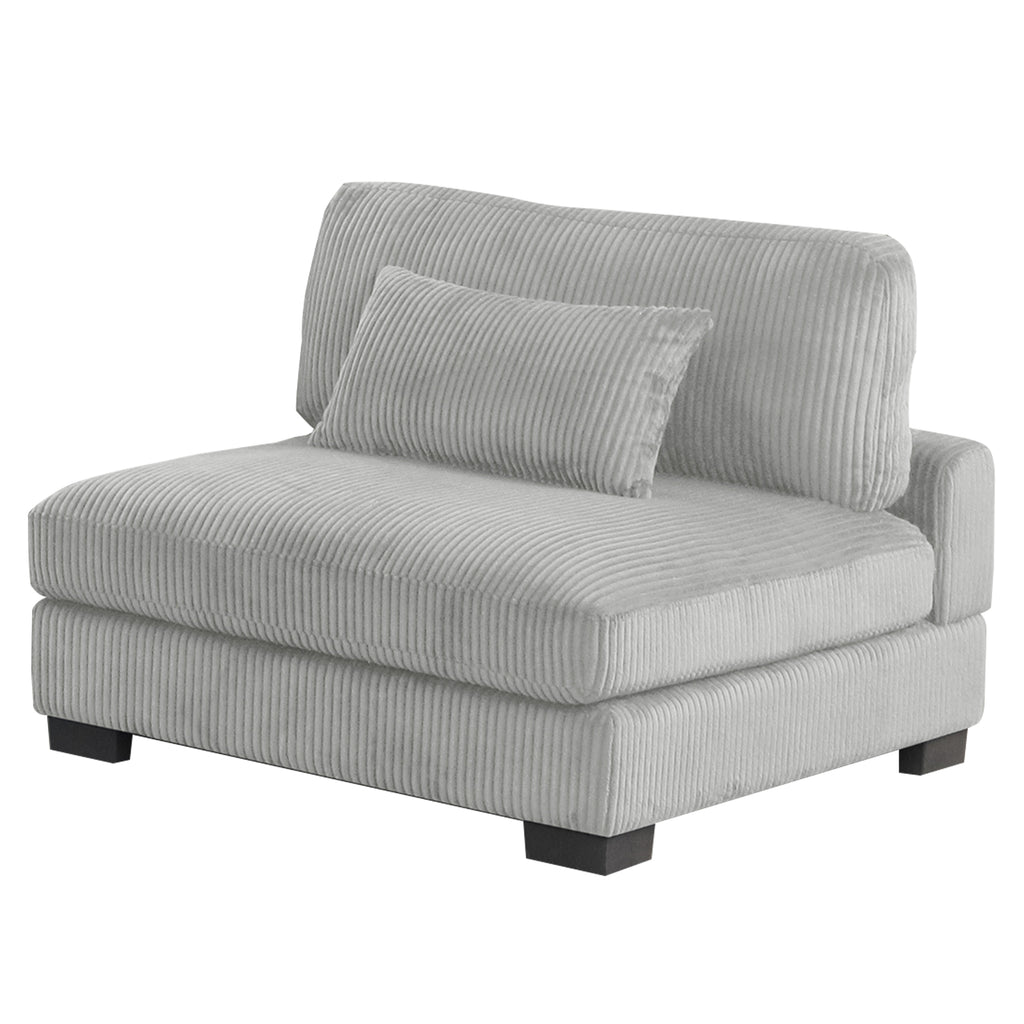 Gray armless chair from Bentley Modular Sectional Sofa, featuring modern corduroy upholstery and wide seat with lumbar pillow.