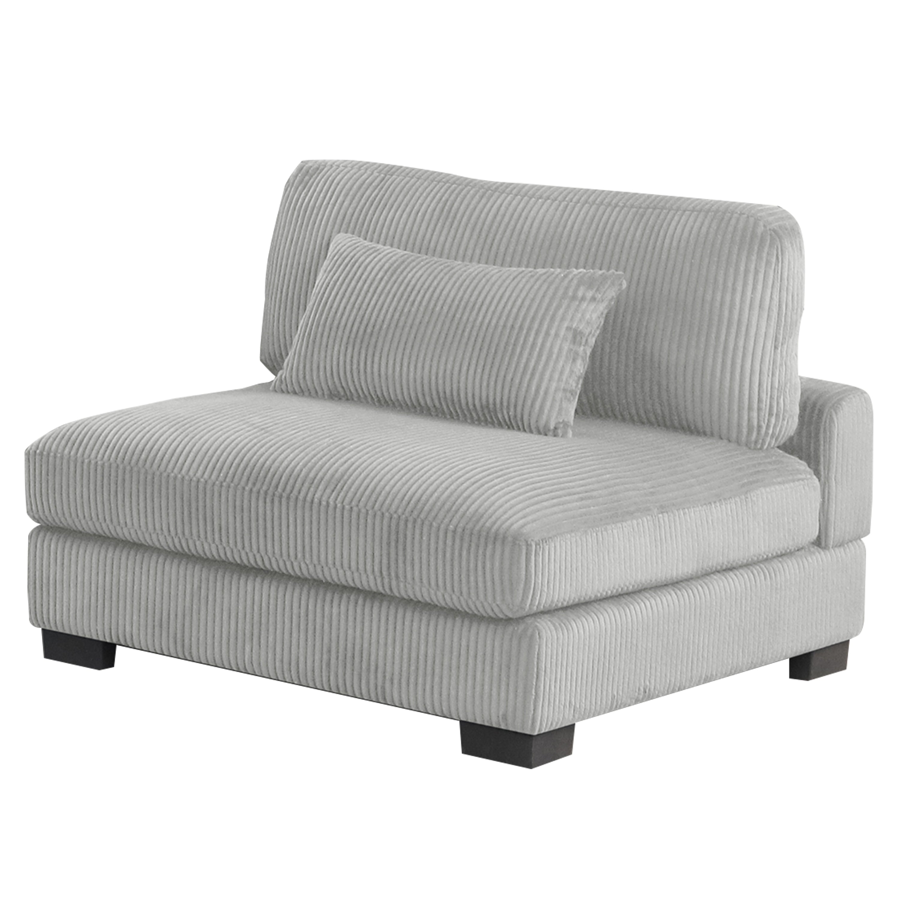 Gray armless chair from Bentley Modular Sectional Sofa, featuring modern corduroy upholstery and wide seat with lumbar pillow.