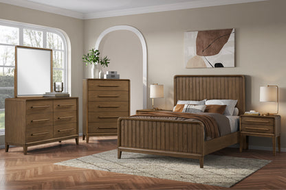 Latte Twin Bed - Solid Wood Twin Bed styled in a modern bedroom set with matching dresser, chest, and nightstands in latte finish.