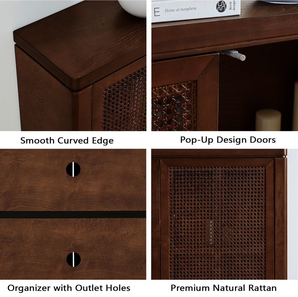 Close-up collage of Mid Century Rattan Sideboard Cabinet features including outlet holes, pop-up doors, and premium rattan panels.