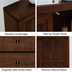 Close-up collage of Mid Century Rattan Sideboard Cabinet features including outlet holes, pop-up doors, and premium rattan panels.