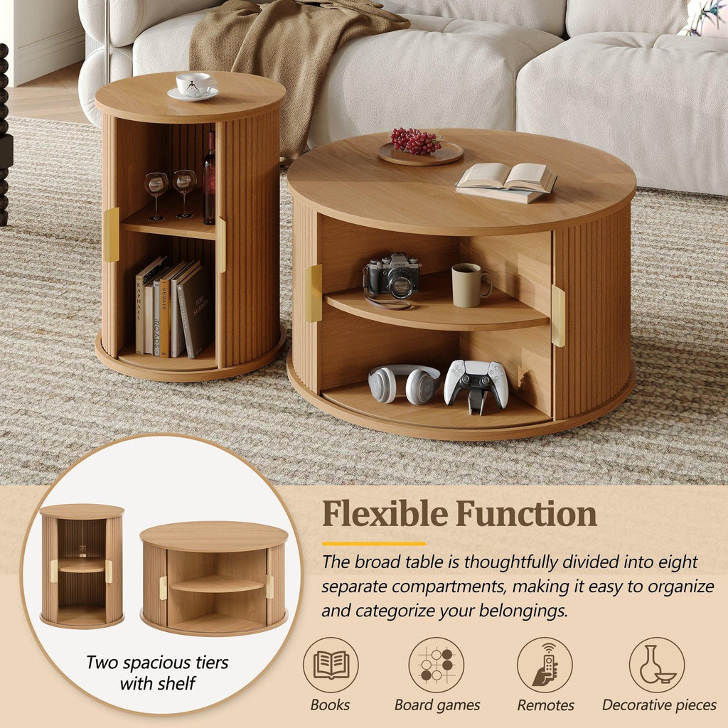 [Assembly Video]Mid-Century Coffee Table Set with Sliding Tambour Door, Round Fluted End Table With Storage, Golden Handle Tall & Low Side Table with Wooden Finish for Living Room, Set of Two ,Natural.