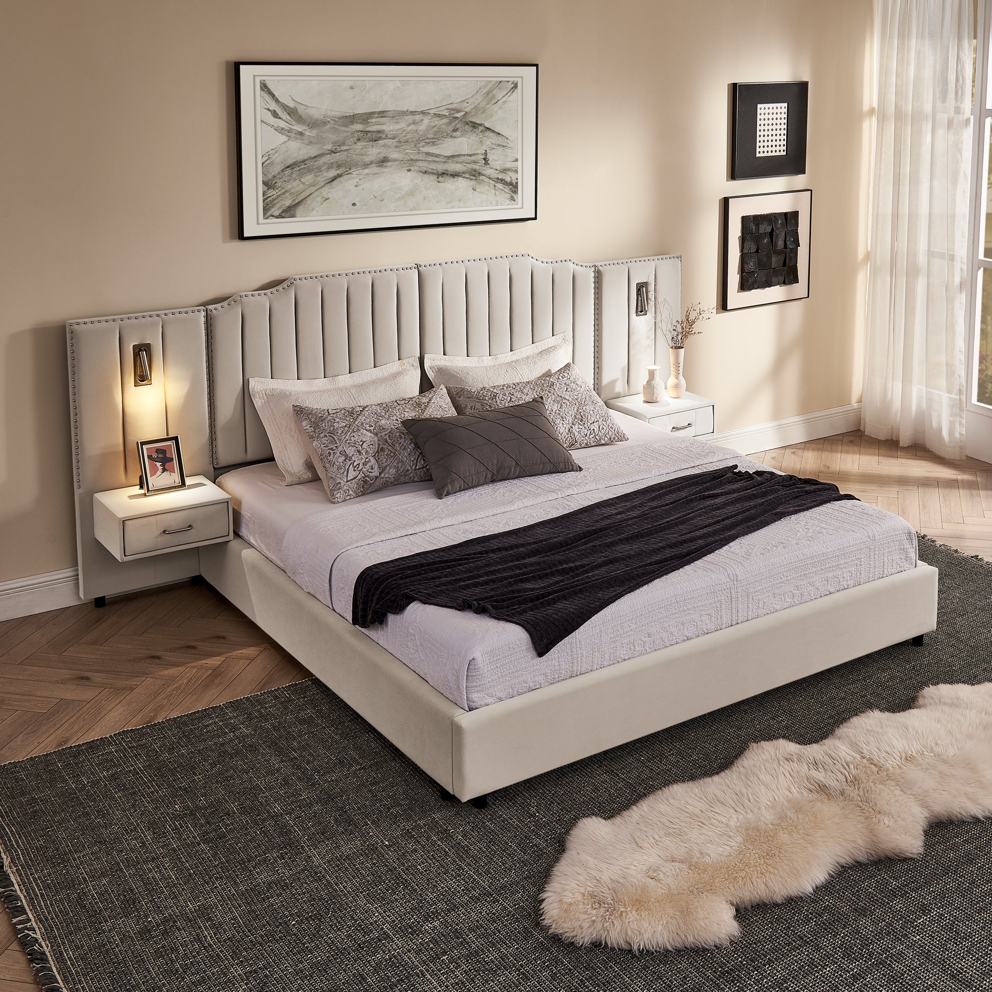 King size upholstered bed with vertical stripe headboard, soft fabric finish, and attached nightstands in cozy, well-lit bedroom.