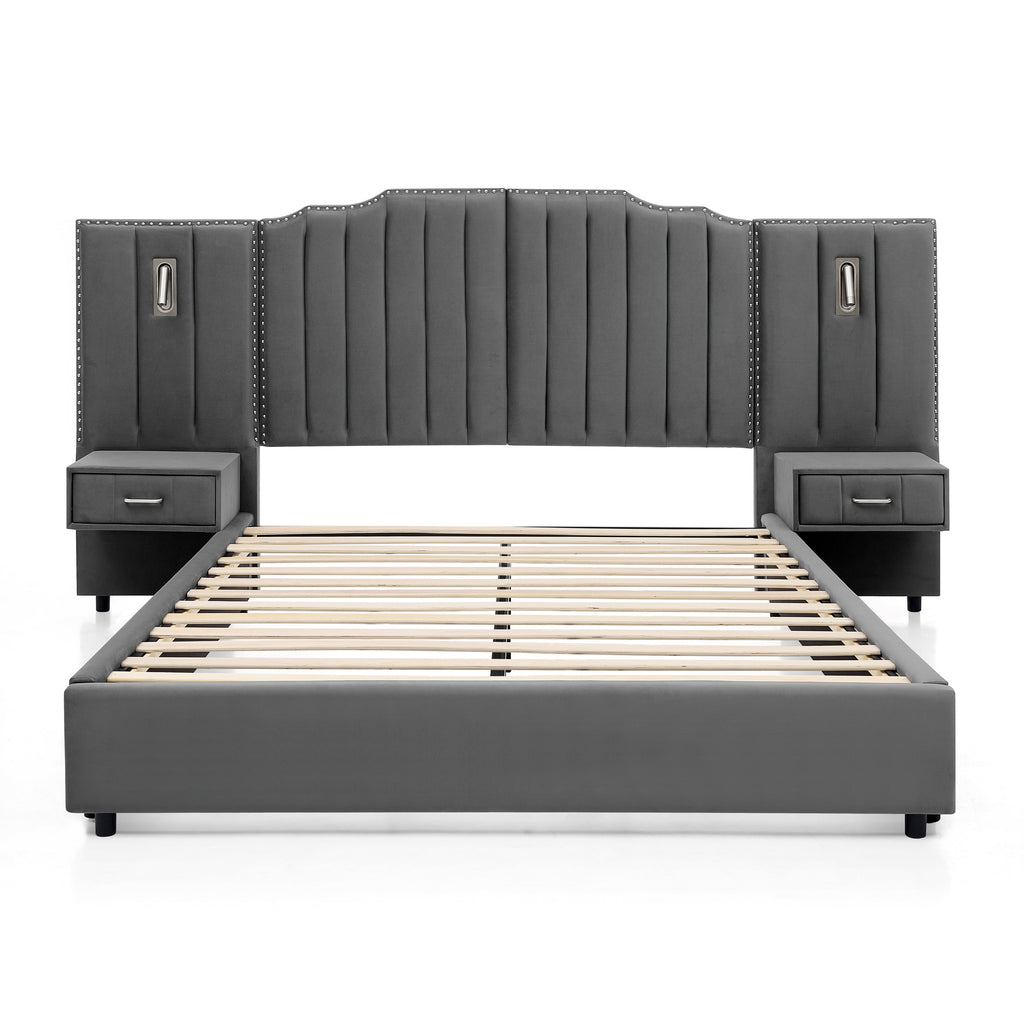 Studio view of upholstered queen bed frame with velvet headboard, slatted base, and dual nightstands, no box spring required.