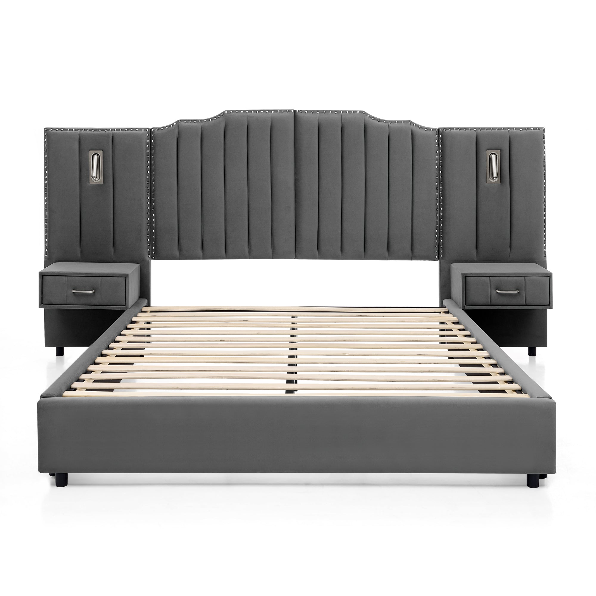 Studio view of upholstered queen bed frame with velvet headboard, slatted base, and dual nightstands, no box spring required.
