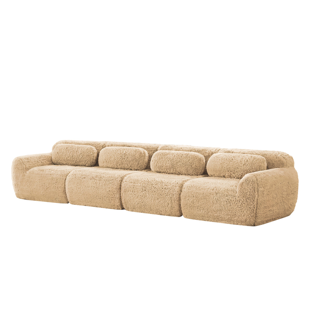 Side angle of light khaki modular plush sofa with five back cushions and plush fabric, perfect for stylish and comfortable seating.