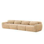Side angle of light khaki modular plush sofa with five back cushions and plush fabric, perfect for stylish and comfortable seating.