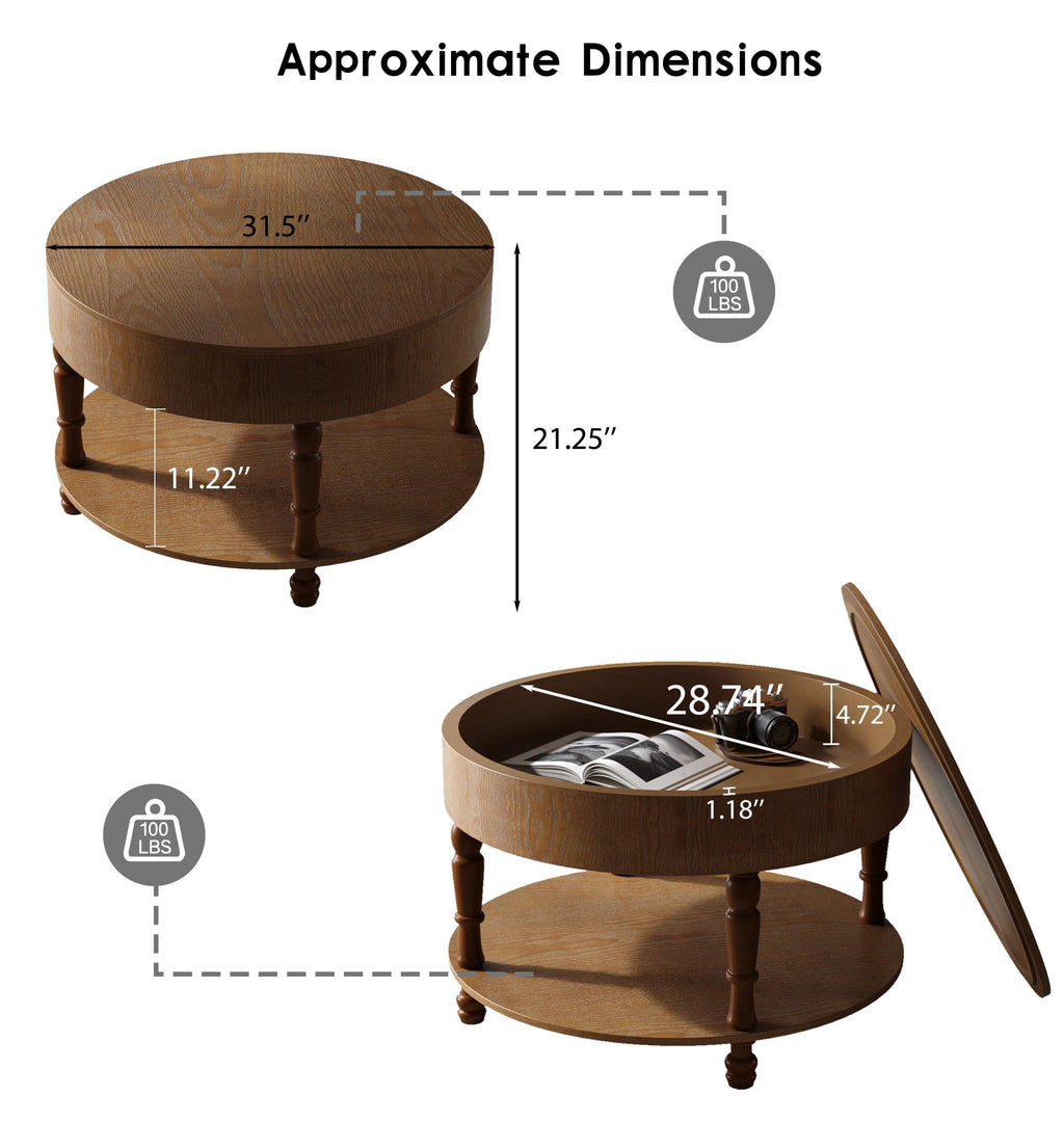 Coffee Table with Dual Storage for Living Room, 31.5' Modern Round Coffee Table with Storage and Hidden Compartment, Adjustable Leveling Feet, Easy Assembly (Walnut).