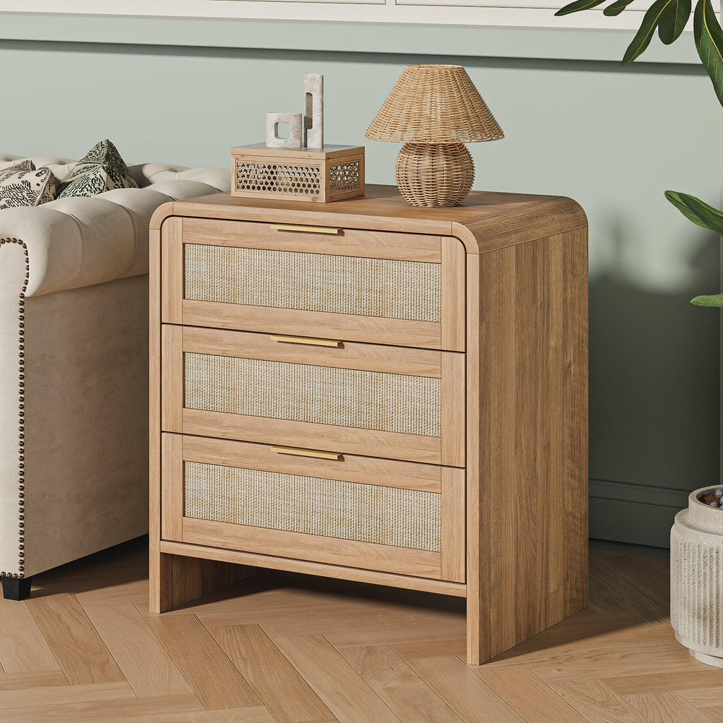 Rattan Nightstand with 3 Drawers for Modern Bedrooms.