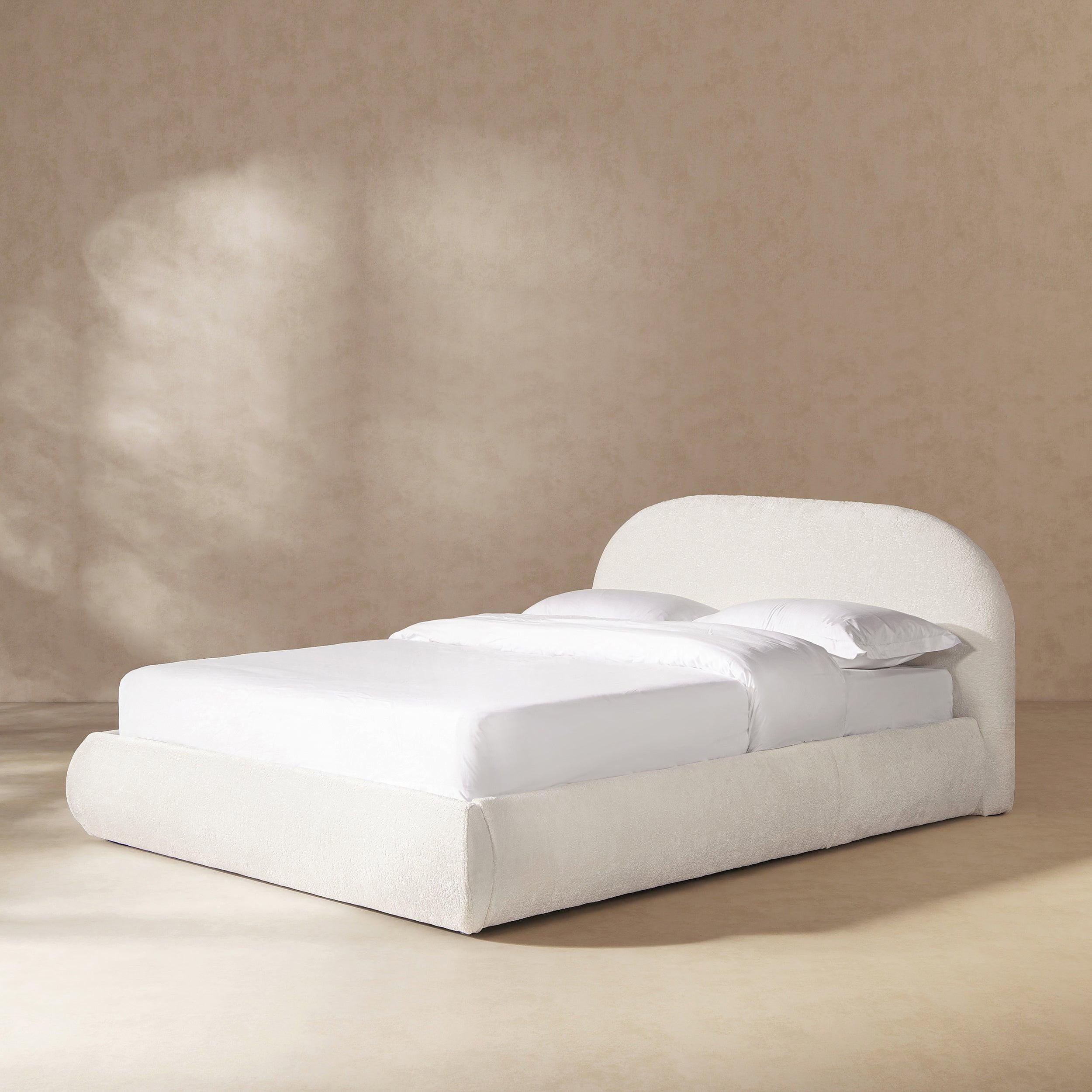 Archie Puffy Upholstered Platform Bed, Queen, Almond White.