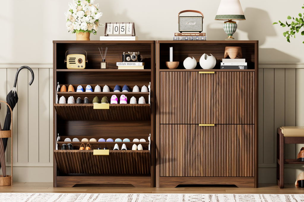 Shoe Storage Cabinet for Entryway with Flip Drawers - Walnut