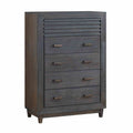Transitional bedroom chest in charcoal brown solid wood with slat design and mortise joinery, featuring five drawers and tapered legs.