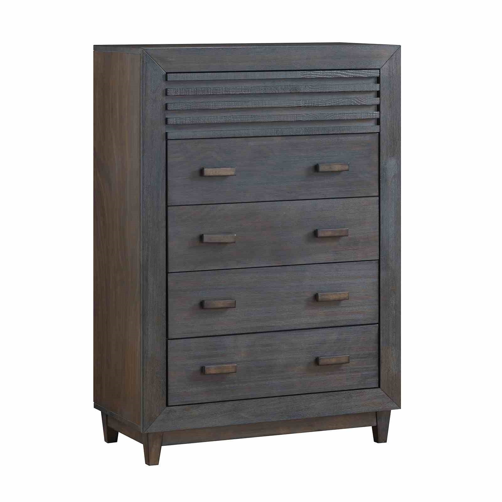 Transitional bedroom chest in charcoal brown solid wood with slat design and mortise joinery, featuring five drawers and tapered legs.