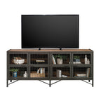 Front view of Industrial Brown TV Credenza with flat-screen TV and organized shelves, ideal for TVs up to 70 inches.