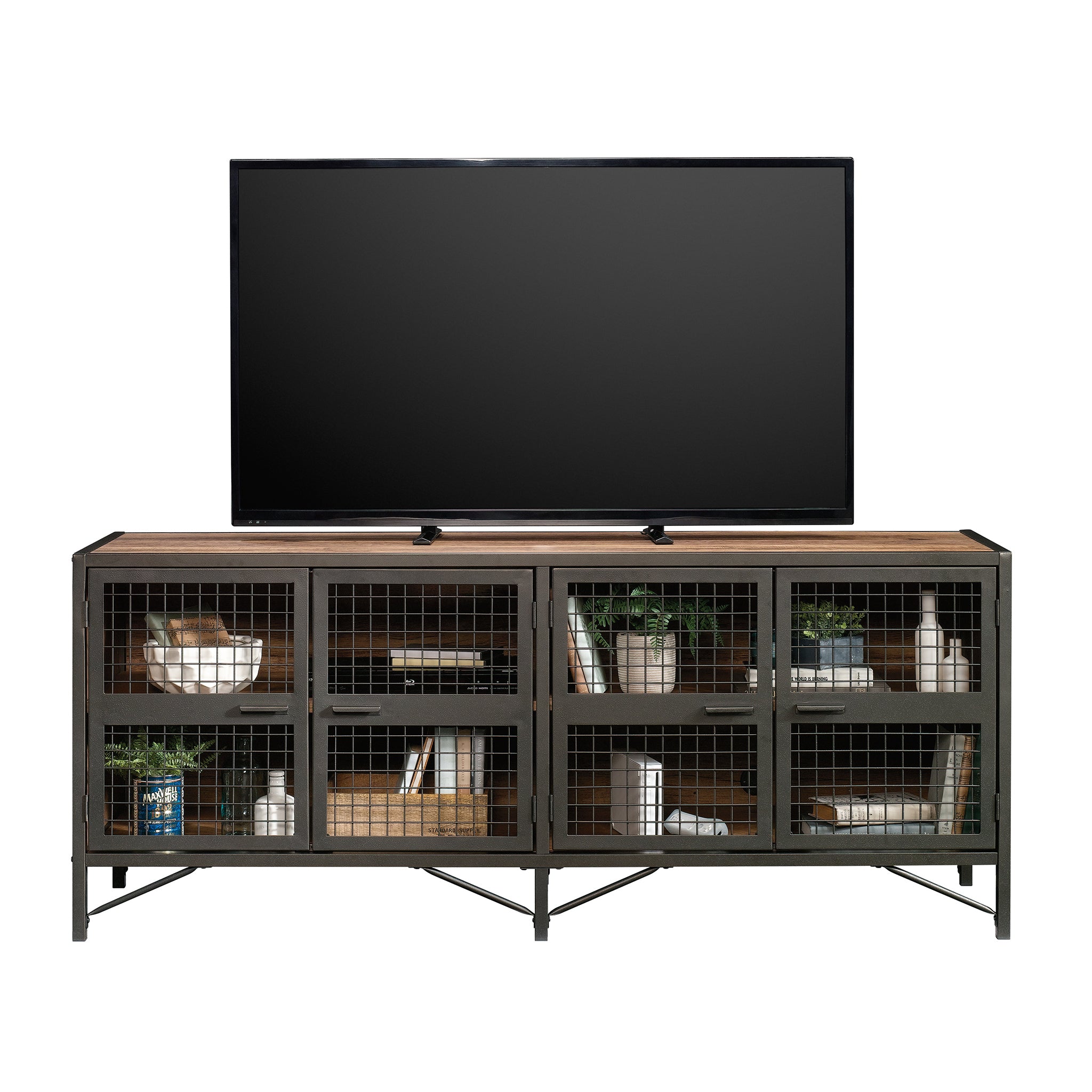 Front view of Industrial Brown TV Credenza with flat-screen TV and organized shelves, ideal for TVs up to 70 inches.
