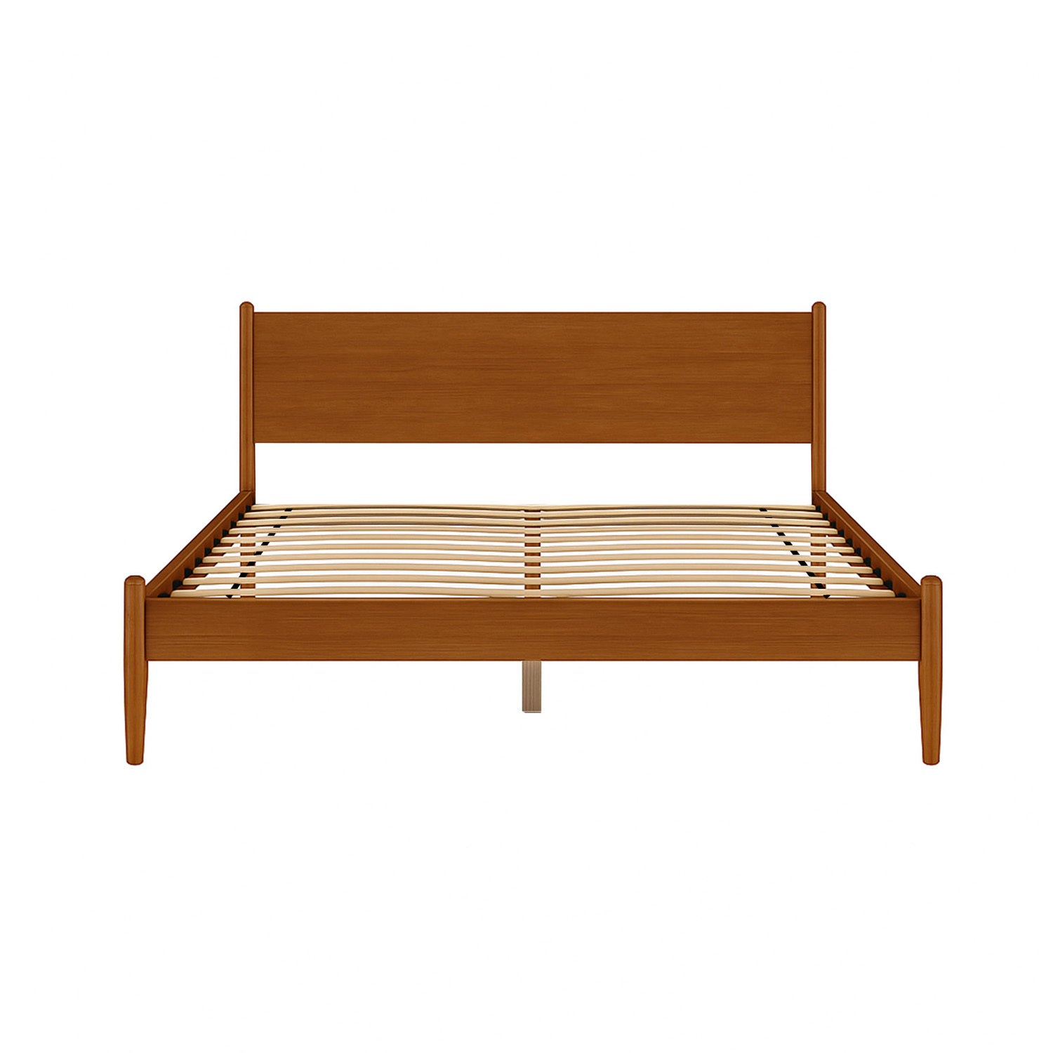 Front view of Mid-Century Modern Eastern King Platform Bed in Oak Finish with slatted base and clean-lined wooden frame.