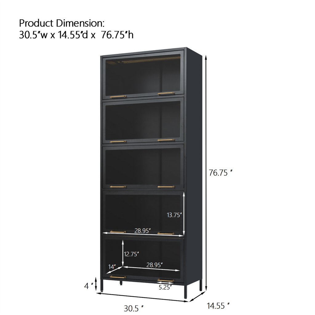 Iron Display Cabinet with Glass Doors - 5-Tier Bookcase.