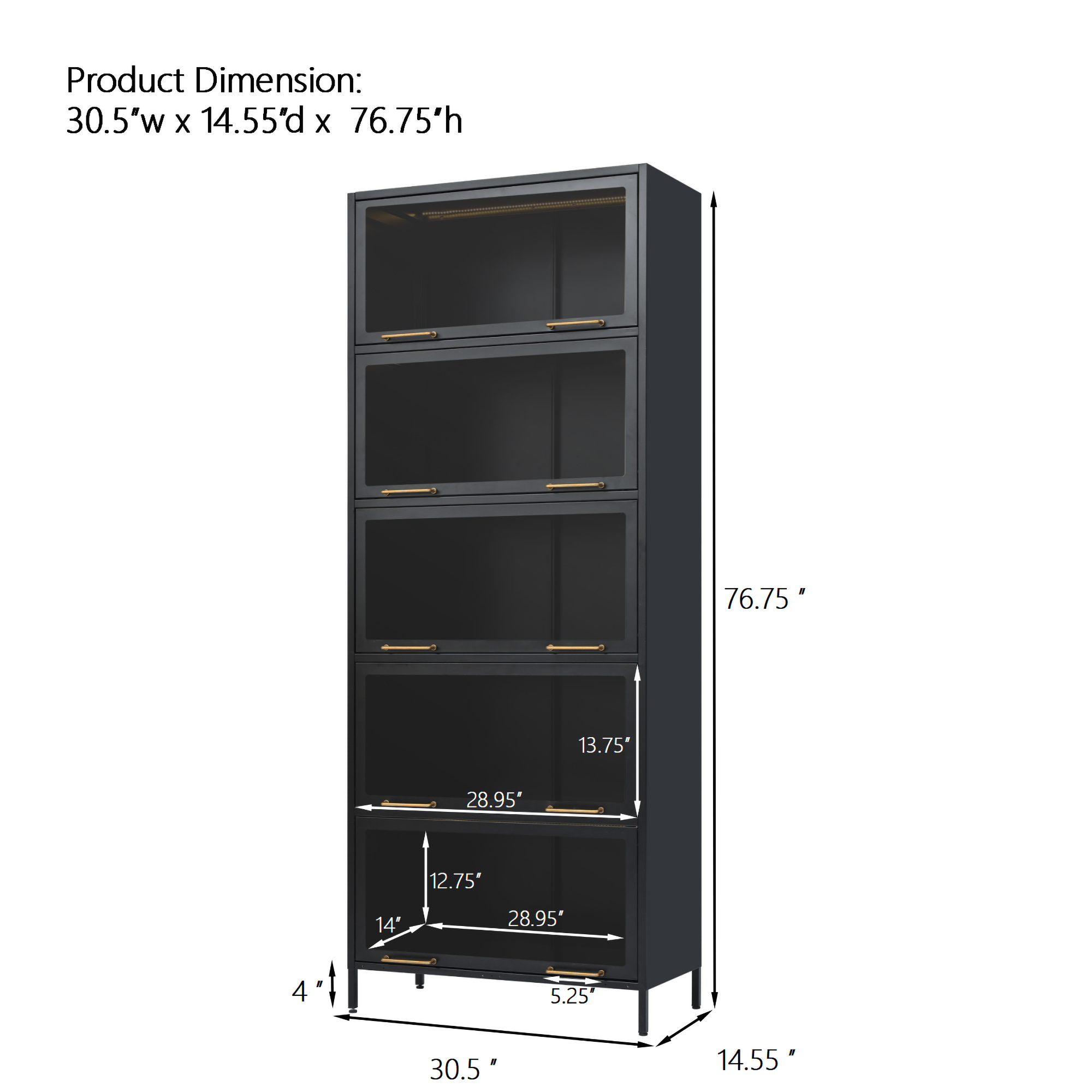 Iron Display Cabinet with Glass Doors - 5-Tier Bookcase.