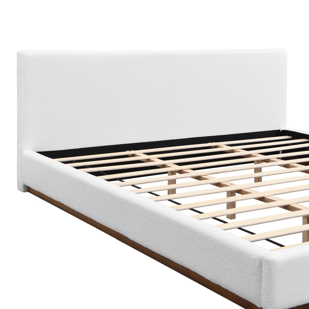 White Boucle Upholstered Bed - King Size with Solid Wood Frame.