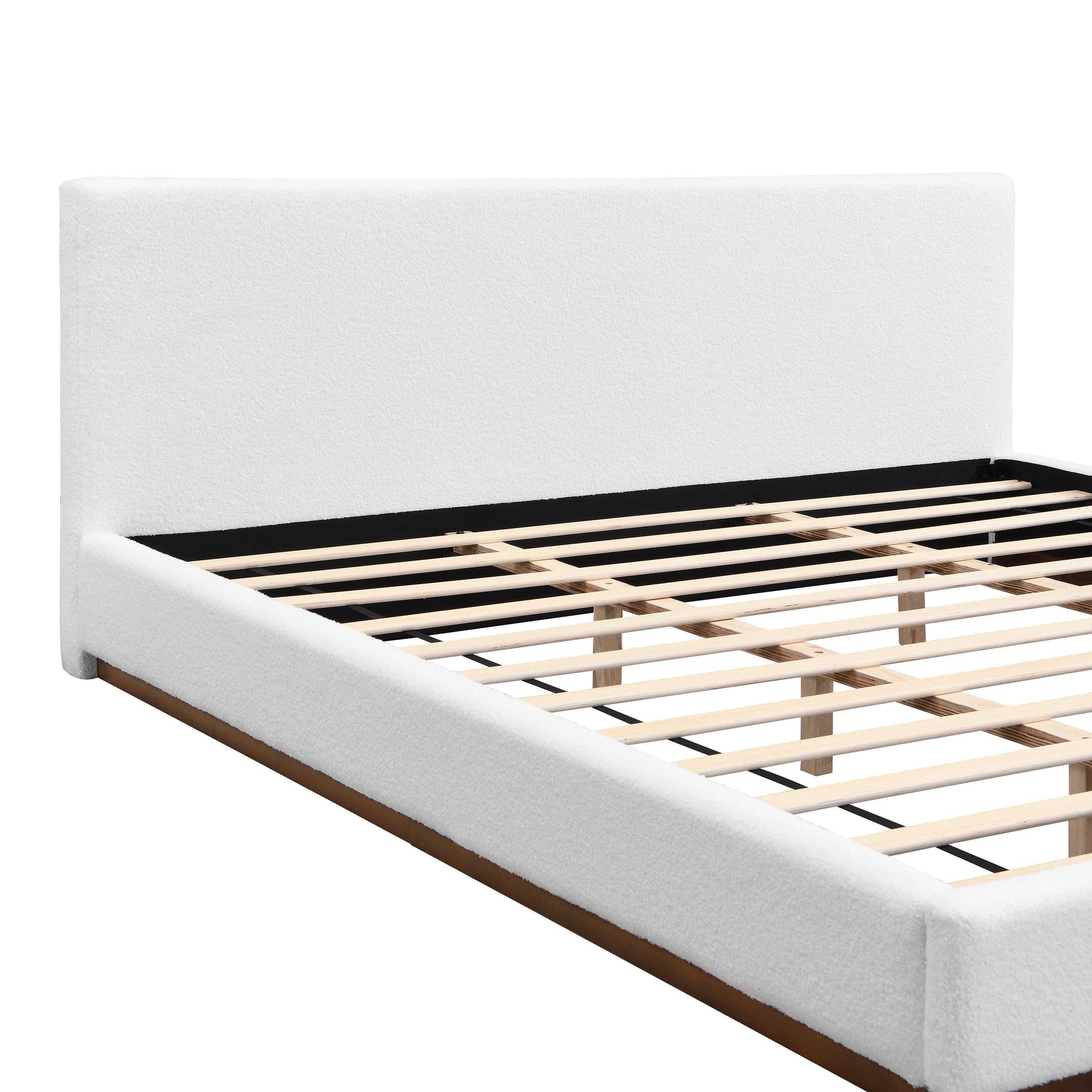 White Boucle Upholstered Bed - King Size with Solid Wood Frame.
