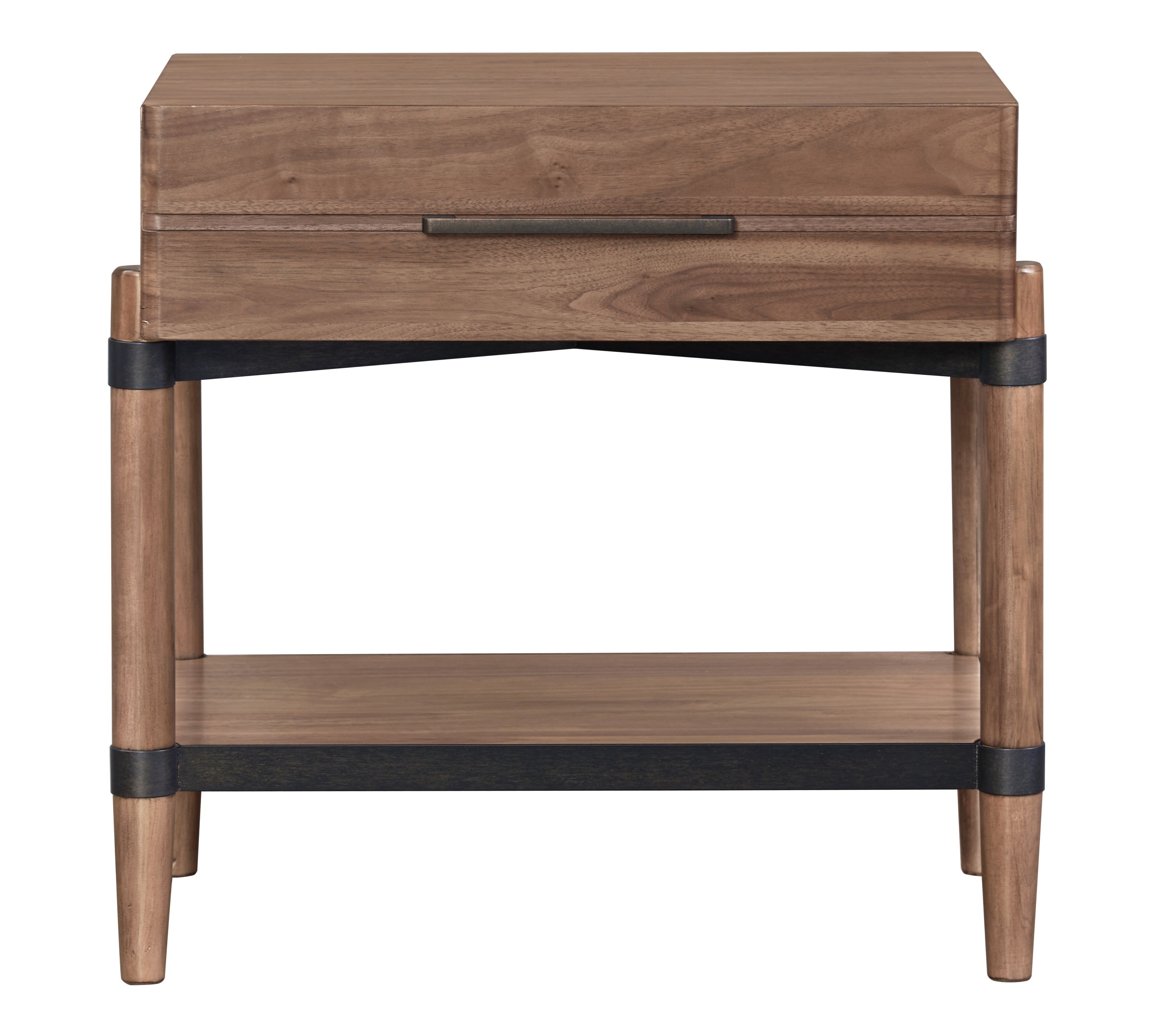 Front view of Walnut Finish Nightstand with drawer and shelf. Minimalist design with clean lines and black hardware detailing.