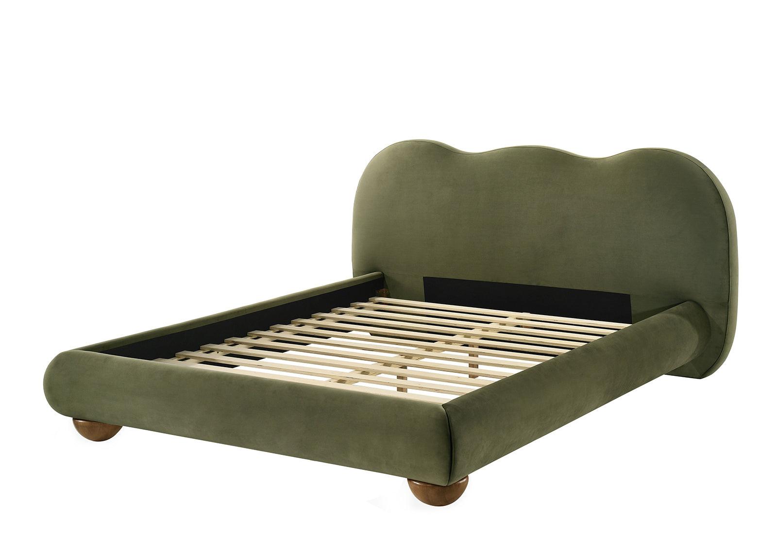 Olive Green Queen Size Bed with Boucle Upholstery.