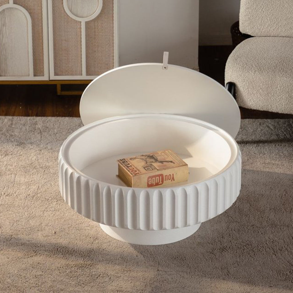 Cream White Round Fluted Storage Table with Lift-Off Lid - 31.5 Inch