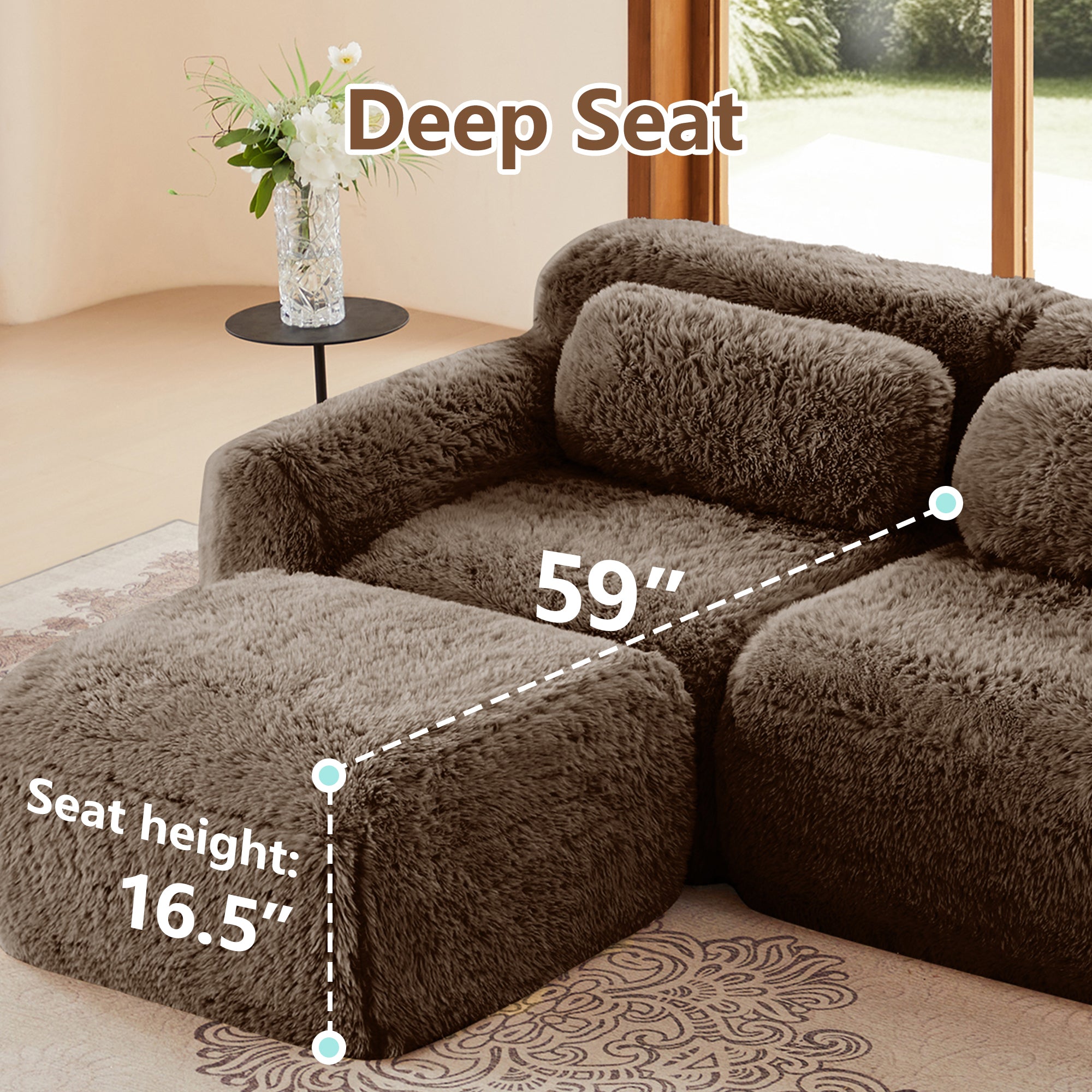 Deep seat measurement of plush chocolate modular sofa with 59-inch depth and 16.5-inch height for spacious lounging.