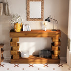 Geometric Block Stacked Wood Console Table with Warm Natural Finish