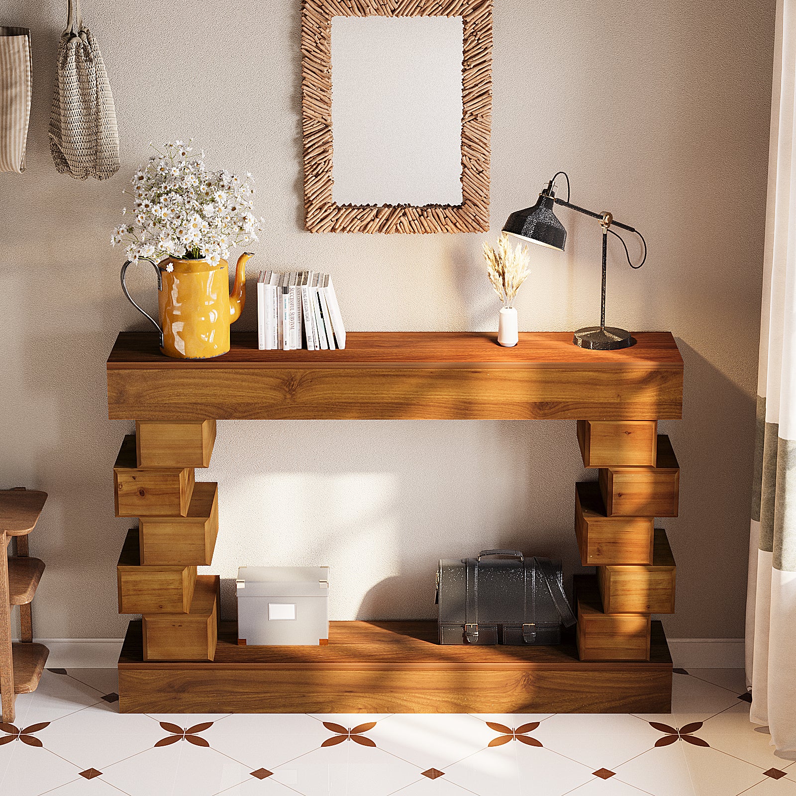 Geometric Block Stacked Wood Console Table with Warm Natural Finish