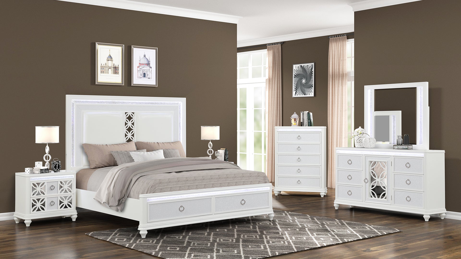 Abigale 5-Piece White Wood King Bedroom Set with LED Lighting
