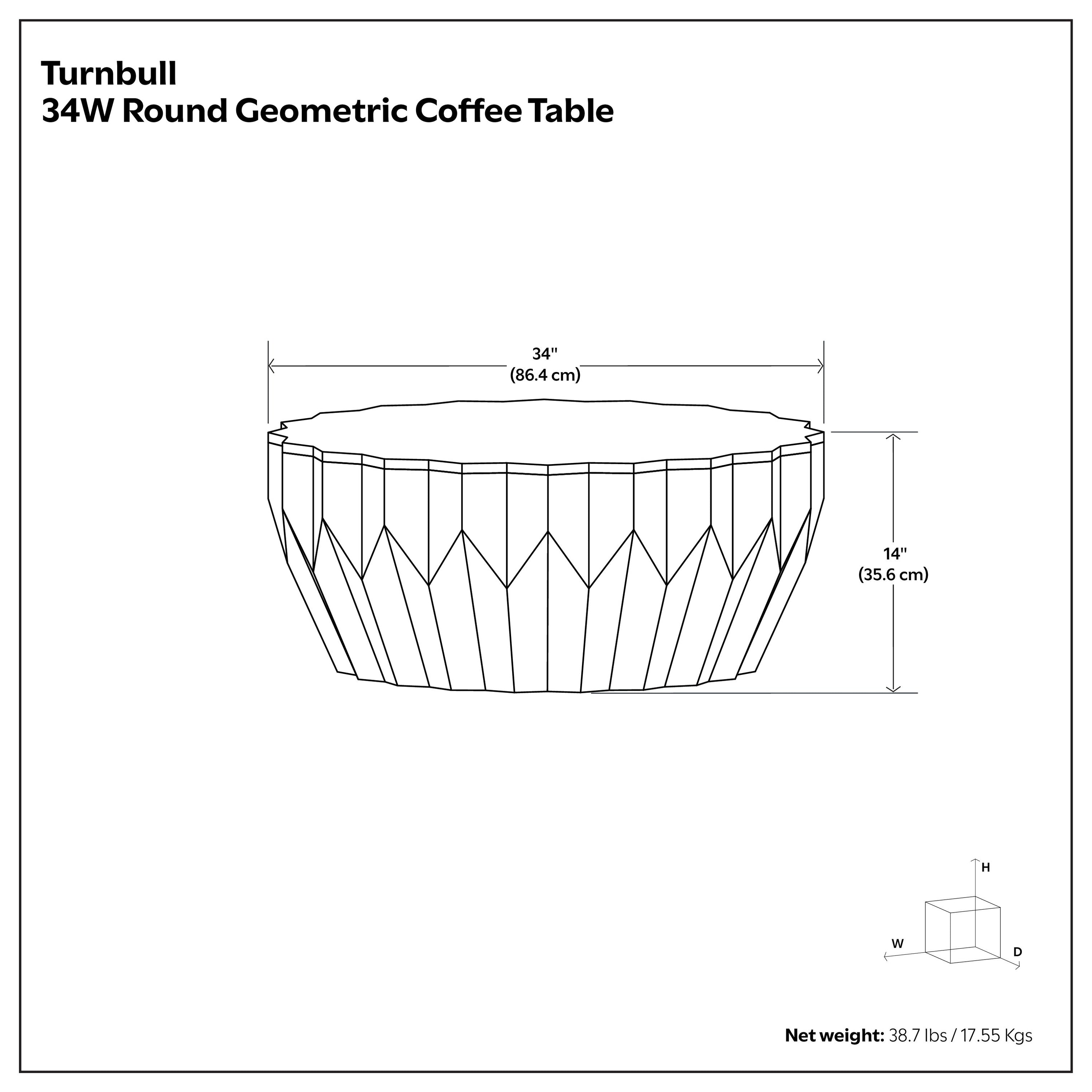 Technical drawing of Turnbull Coffee Table - Walnut Wood with 34-inch diameter and 14-inch height, round geometric design.