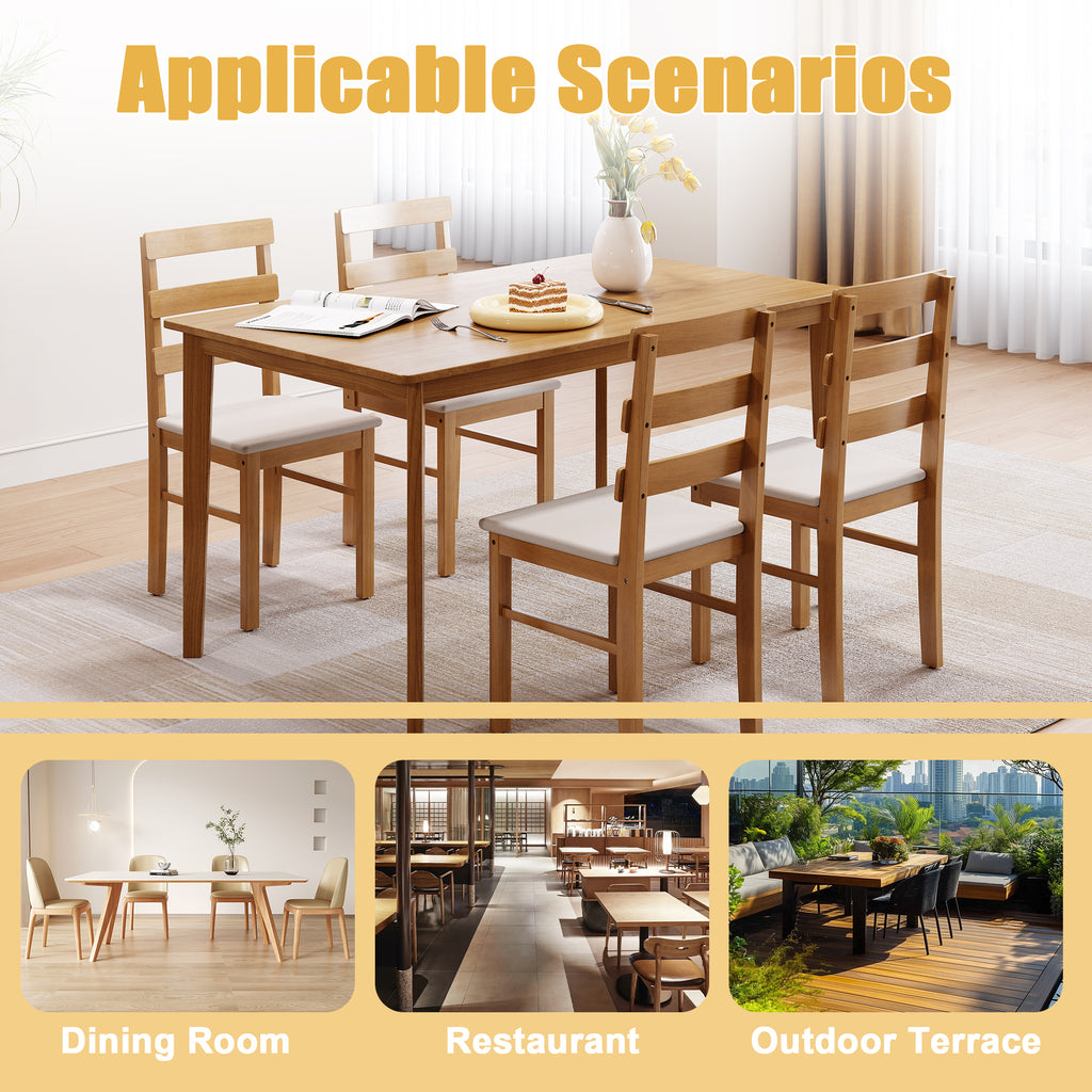 Solid wood dining table set shown in dining room, restaurant, and outdoor terrace settings. Ideal for versatile use with 4 ergonomic chairs.