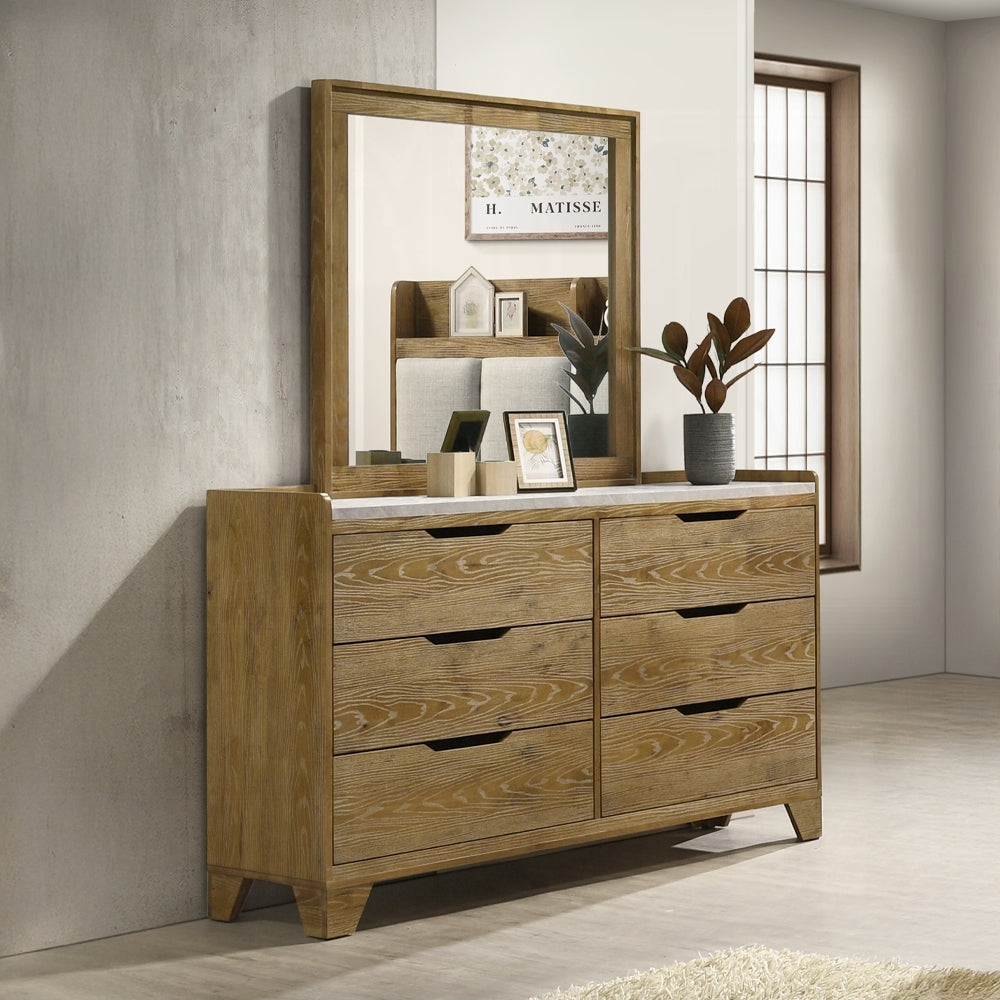 Brown dresser with 6 drawers paired with matching mirror, styled in a transitional bedroom setup with decorative accents.