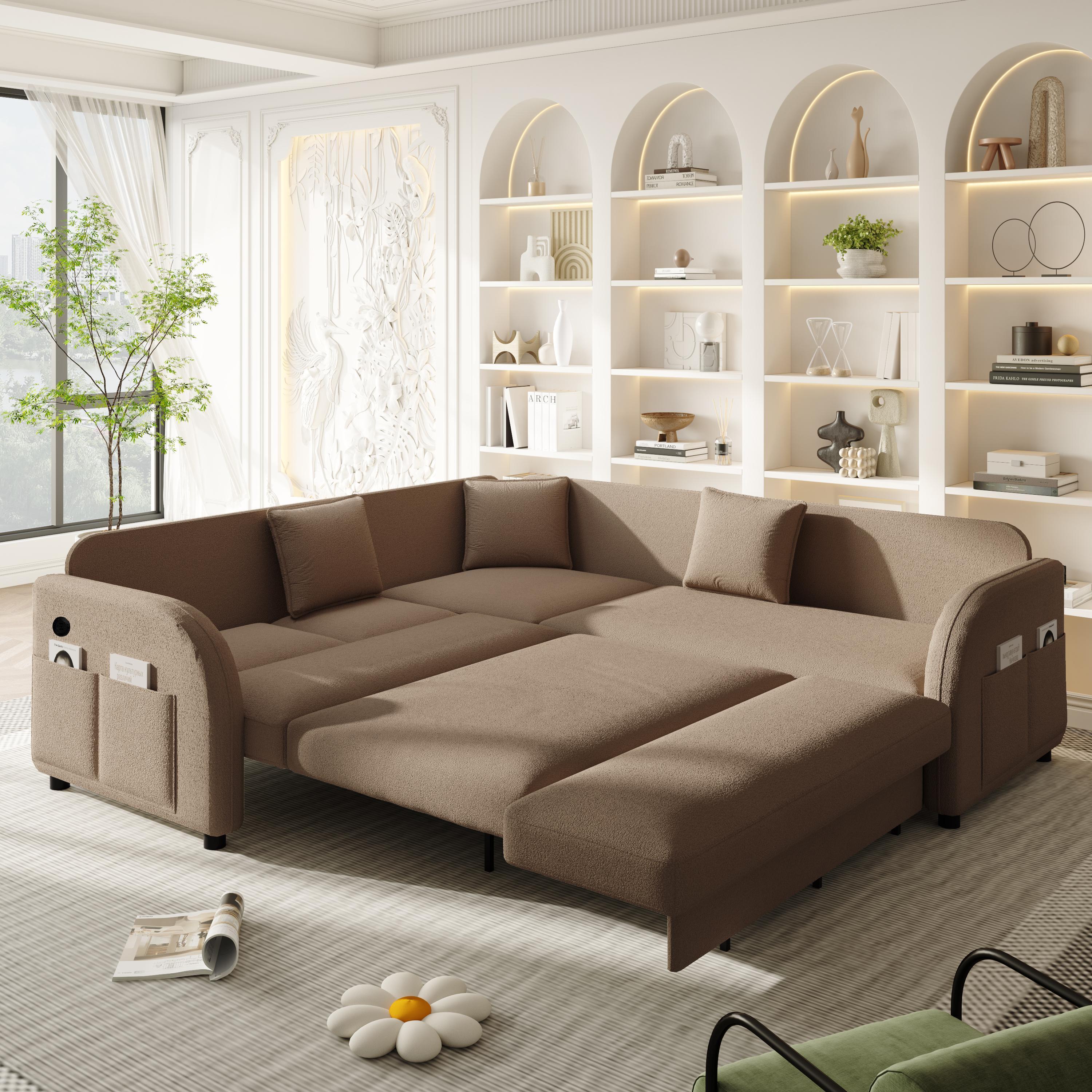 85.1' L-Shaped Pull-Out Sofa Bed with USB Port.