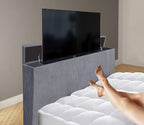 Contemporary Gray King Size Bed with TV Lift Footboard.