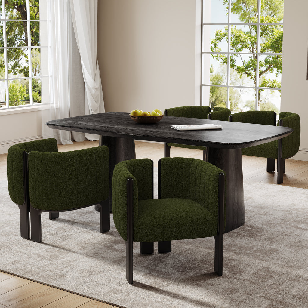 Contemporary dining room featuring modern dining chairs set of 4 with olive green fabric and black wood frame, arranged around a dark table.