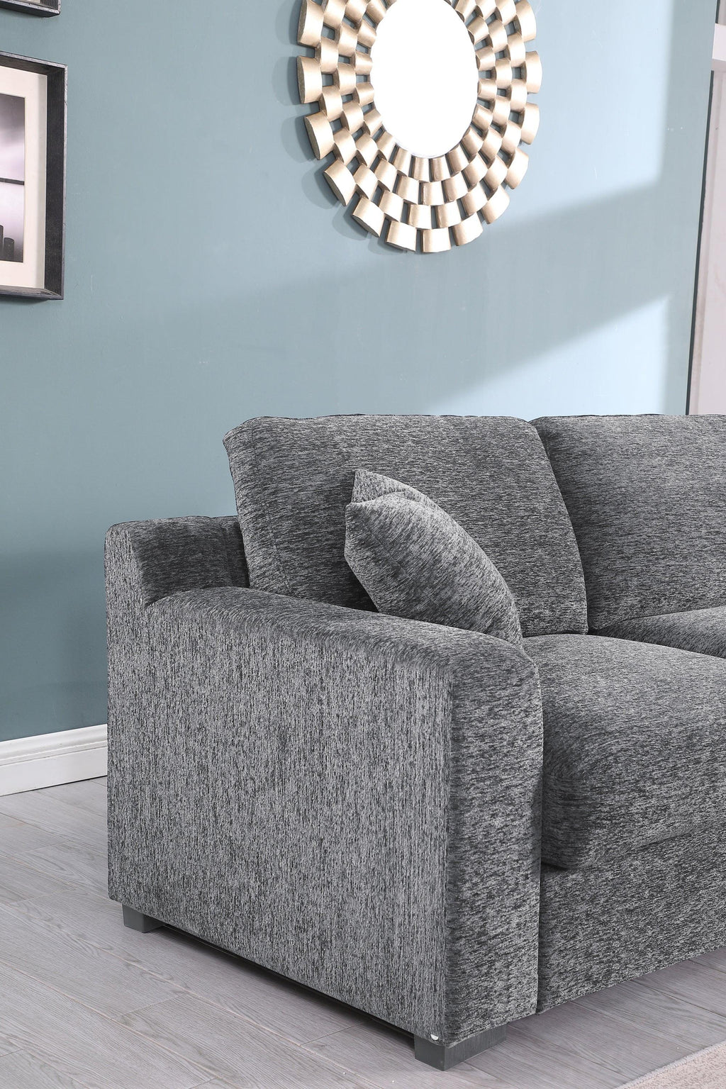 Light Gray Corner Sectional Sofa with Chaise & Cupholders.